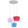 	Piękna lampa wisząca do pokoju dziecięcego z różnokolorowymi abażurami i szarą podsufitką