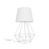 Lampka nocna stojąca z białym abażurem i białą konstrukcja z drutu