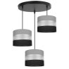 Lampa wisząca sufitowa czarna konstrukcja z trzema źródłami światła abażury w paski 