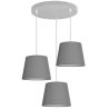 Elegancka szara lampa wisząca sufitowa z trzema abażurami z materiału Elegancka szara lampa wisząca sufitowa z trzema abażurami z materiału