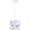 Lampa wisząca dziecięca z abażurem w niebieskie flamingi i białą konstrukcją Lampa wisząca dziecięca z abażurem w niebieskie flamingi i białą konstrukcją