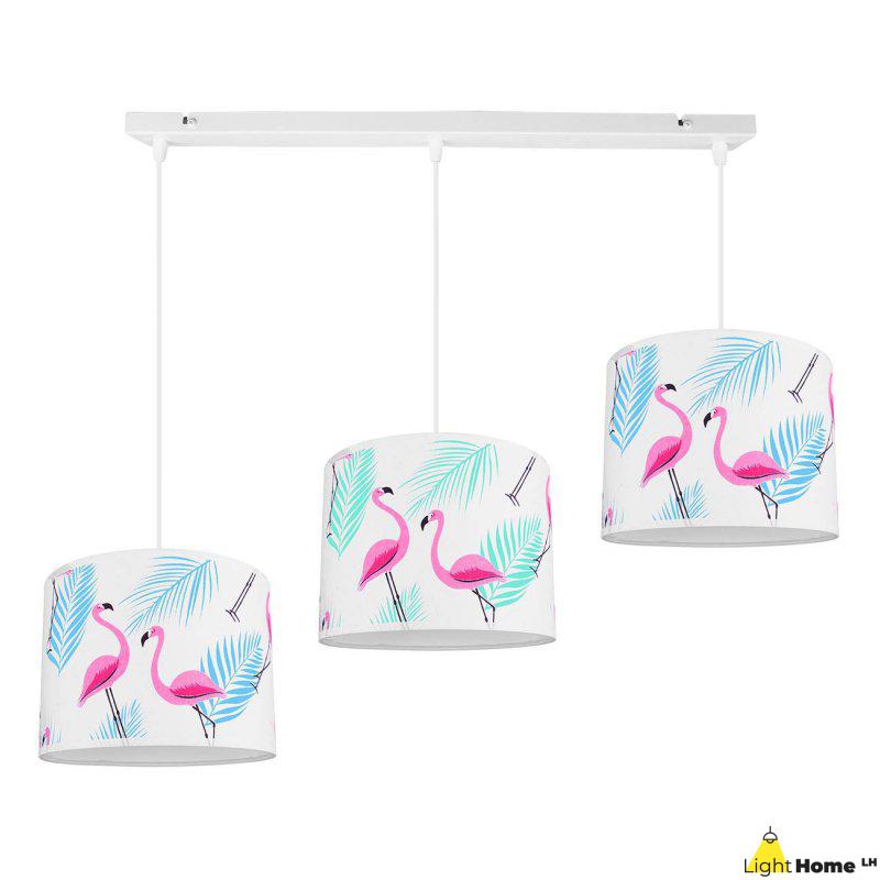 Lampa wisząca do pokoju dziecka z abażurami we flamingi na białej konstrukcji