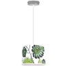 Pojedyncza lampa wisząca z abażurem w zielone liście i szarą konstrukcją