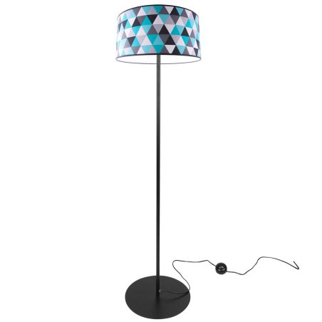 Lampa Stojąca Nowoczesna z Niebieskim Abażurem w Trójkątne Wzory i Czarną Konstrukcją