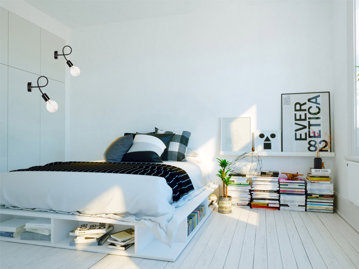 Nowoczesna jasna sypialnia z dwoma kinkietami ściennymi w czarnym kolorze z odsłoniętymi żarówkami