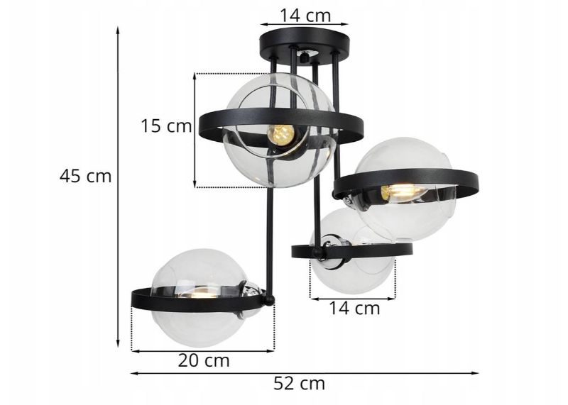 Wymiary metalowej lampy o 4 źródłach światła