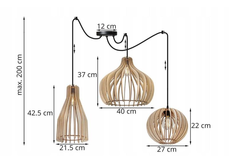 Wymiary lampy z drewnianymi kloszam