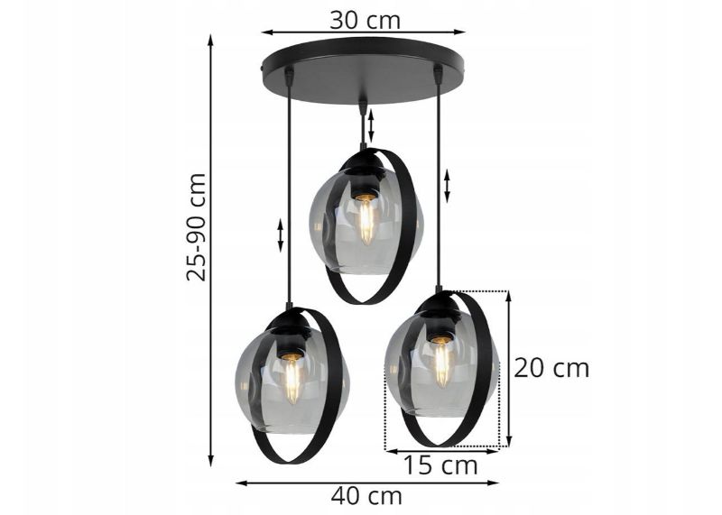 Wymiary lampy ze szklanym grafitowym kloszem i metalową konstrukcją