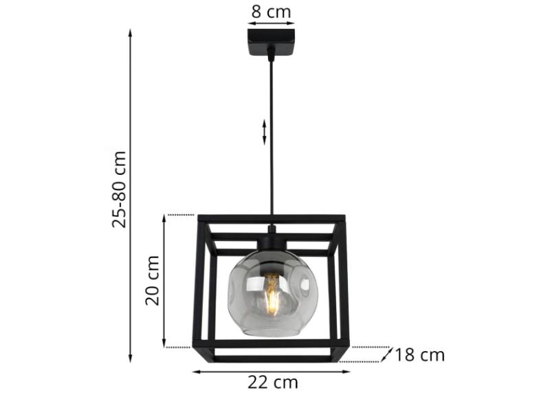 Wymiary lampy z metalową konstrukcją i szklanym kloszem