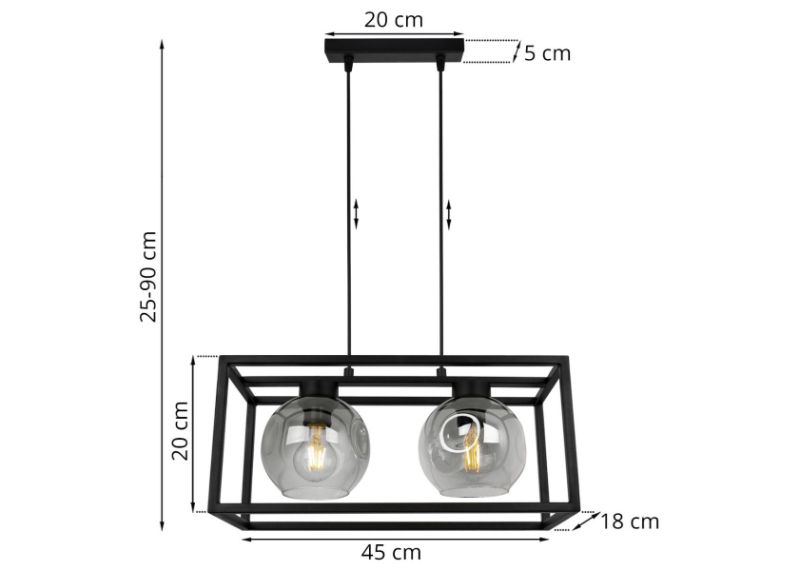 Wymiary lampy z dwoma szklanymi kloszami w kolorze grafitowym w kształcie kuli