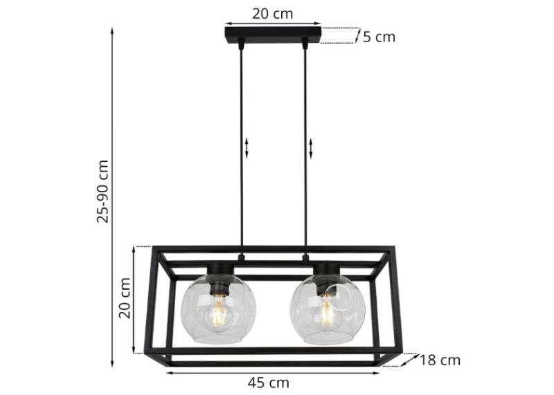 Wymiary lampy ze szklanymi kloszami i czarną konstrukcją