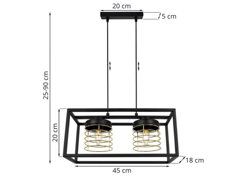 Wymiary lampy z dwoma metalowymi kloszami i czarną konstrukcją