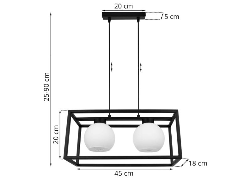 Wymiary lampy z dwoma pięknymi kloszami z mlecznego szkła i elegancką, czarną, metalową konstrukcją
