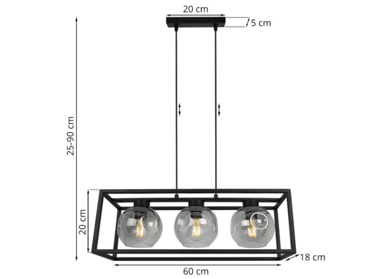 Wymiary lampy z nieregularnymi kloszami w kształcie kuli