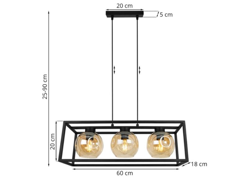 Wymiary lampy z 3 miodowymi kloszami i czarną konstrukcją