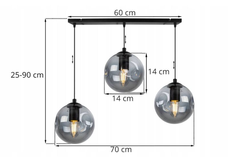 Wymiary lampy z regulowaną długością szklanych kul