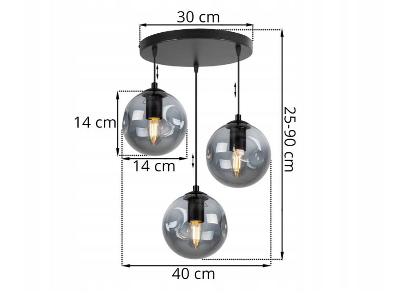Wymiary lampy z okrągłą podsufitką i 3 regulowanymi kulami