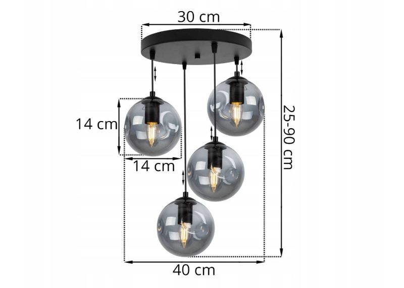 Wymiary lampy na okrągłej podsufitce z czterema szklanymi kloszami