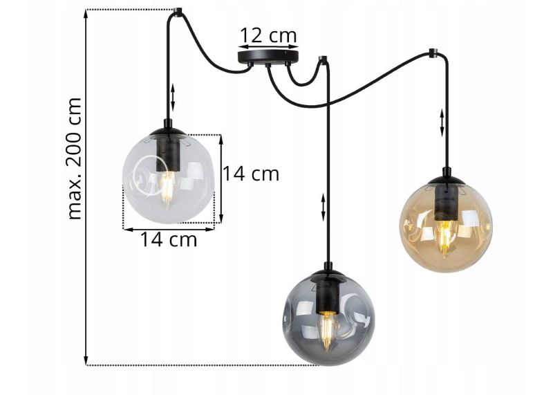 Wymiary lampy z 3 regulowanymi kulami ze szkła