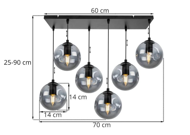 Wymiary lampy z regulowanymi 6 kulami ze szkła i szeroką podsufitką