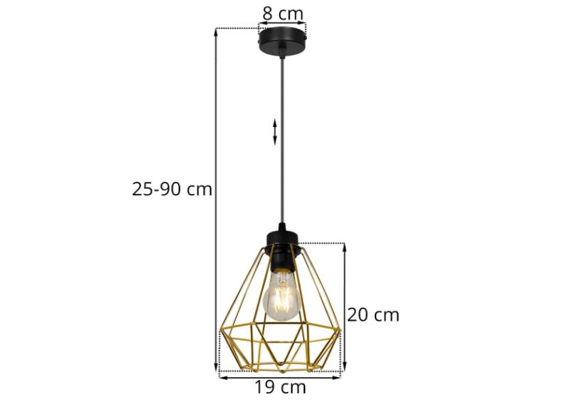 Wymiary lampy z podsufitką 8 cm i złotym kloszem w kształcie diamentu