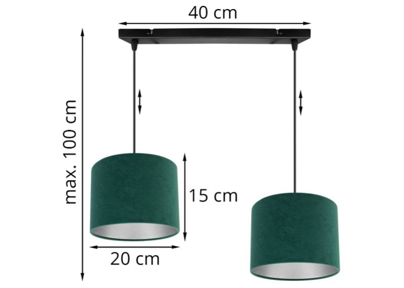Wymiary lampy z 2 welurowymi abażurami i szeroką listwą