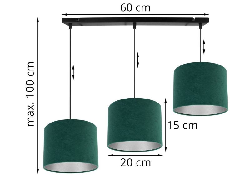 Wymiary lampy z 3 abażurami i szeroką podsufitką