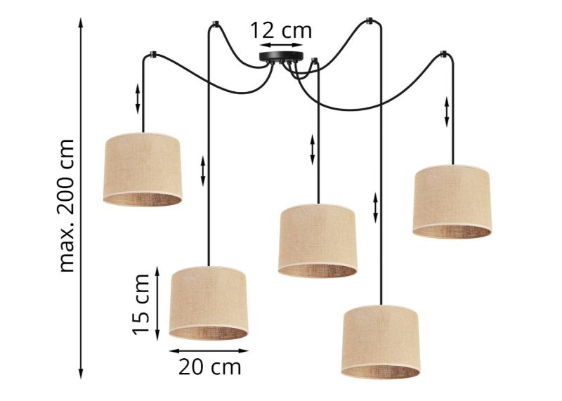 Wymiary lampy sufitowej Spider z 5 okrągłymi abażurami jutowymi