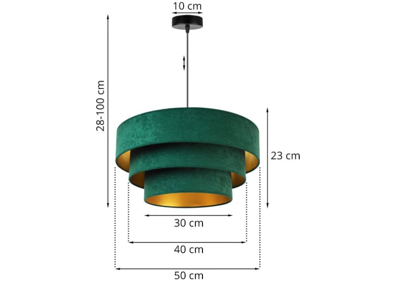 Wymiary lampy z abażurem kaskadowym wykonanym z zielonego weluru ze złotym wykończeniem