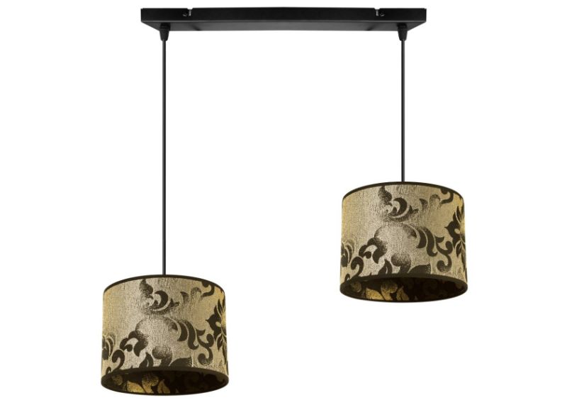 lampa wisząca na listwie ze złotymi abażurami z materialu