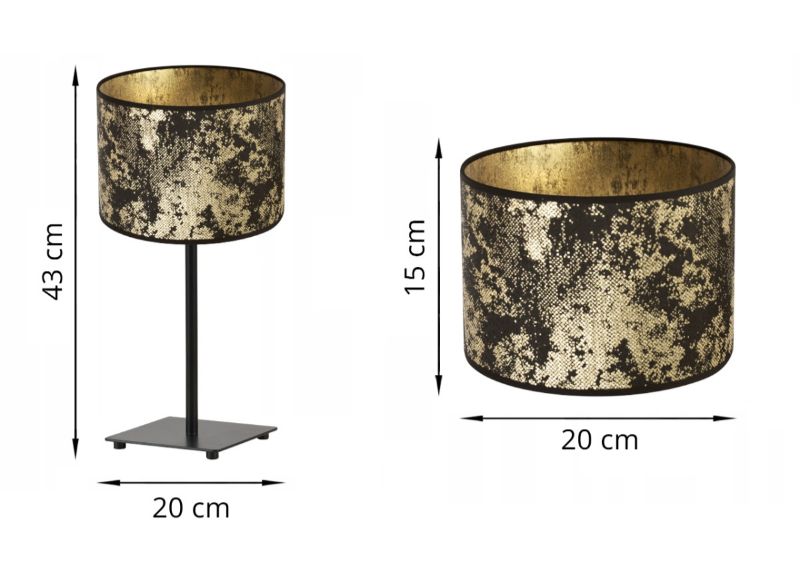 Wymiary lampy z metalową nóżką i wzorzystym złoto-czarnym abażurem