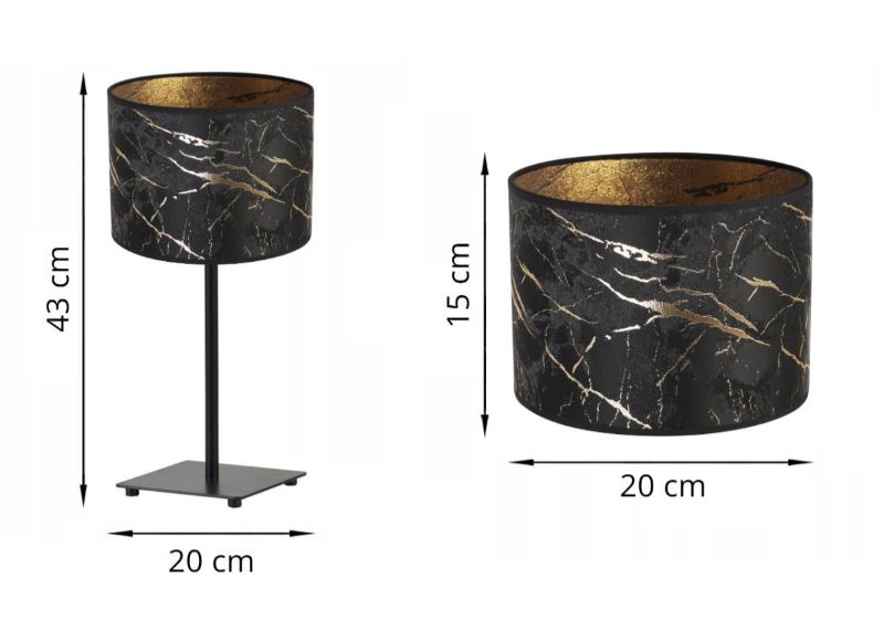 Wymiary lampy z metalowym stelażem i abażurem z materiału w kolorze czarnym ze złotym wzorem marmuru