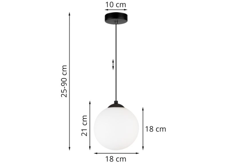 Wymiary lampy ze szklaną, białą kulą i z czarnym wykończeniem