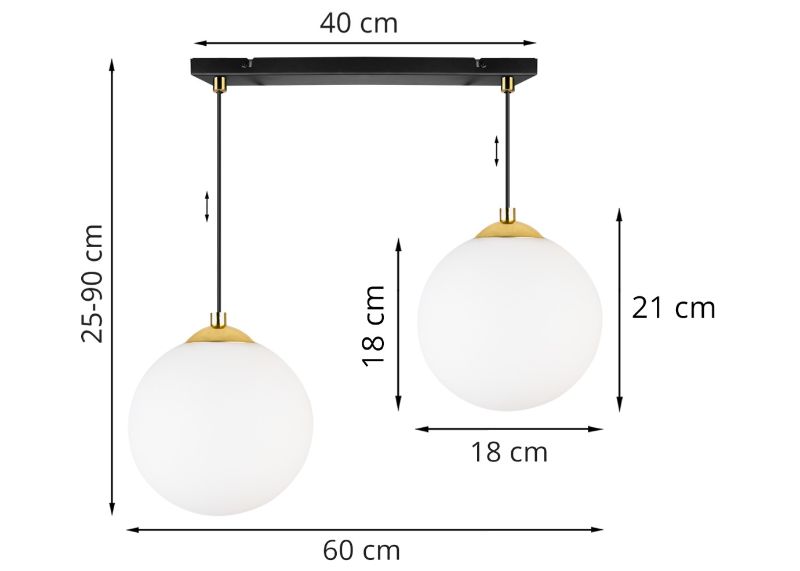 Wymiary lampy z dwiema białymi kulami 18 cm i czarno-złotą konstrukcją