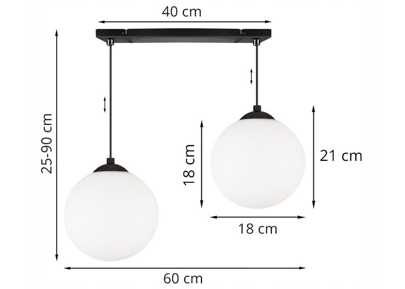 Wymiary lampy z 2 białymi kulami i z czarną konstrukcją