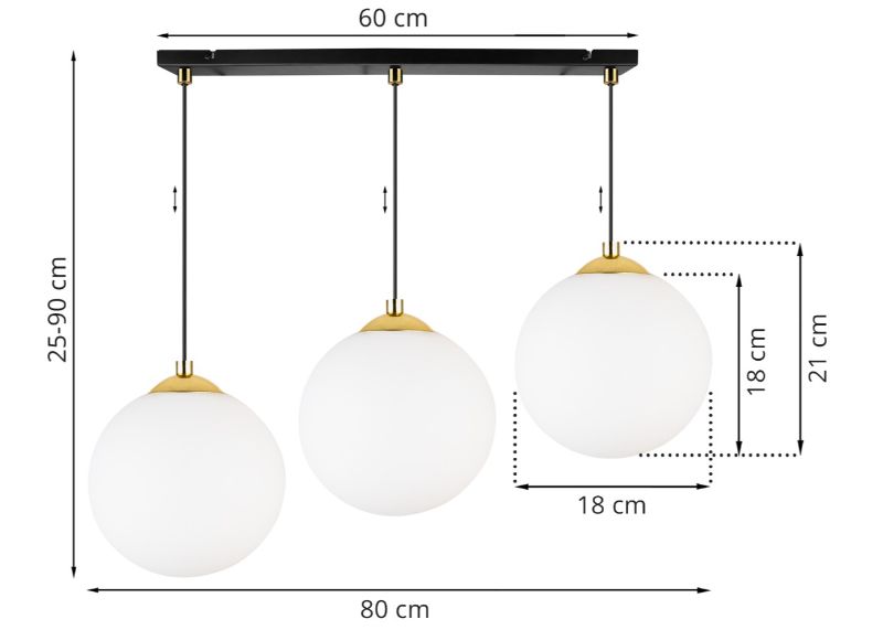 Wymiary lampy z trzema białymi kulami i czarno-złotą konstrukcją