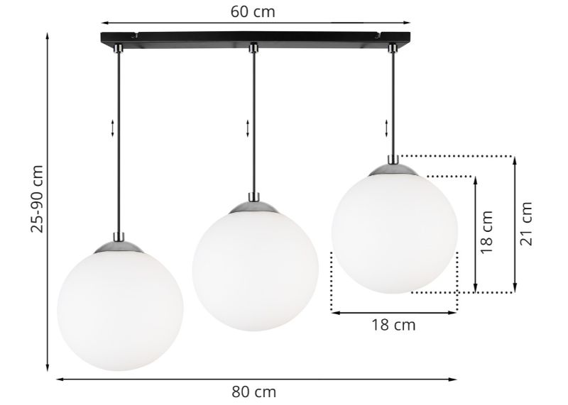 Wymiary lampy z 3 białymi kulami 18 cm i z czarno-chromowaną konstrukcją