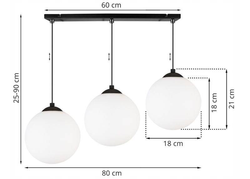 Wymiary lampy z 3 białymi kulami i czarną konstrukcją