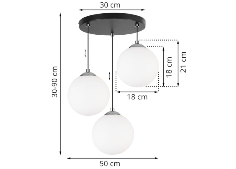 Wymiary lampy z 3 białymi kulami i czarno-chromowaną konstrukcją