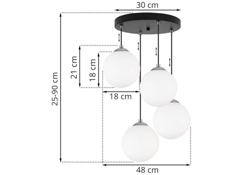 Wymiary lampy z 4 białymi kulami, czarnym kablem, okrągłą podsufitką i chromowanym wykończeniem