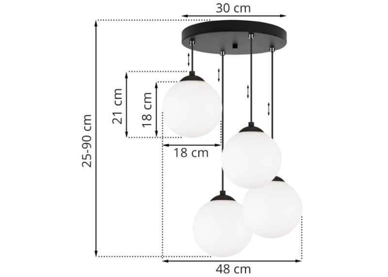 Wymiary lampy z 4 białymi kulami, czarnym kablem, okrągłą podsufitką i chromowanym wykończeniem kabla