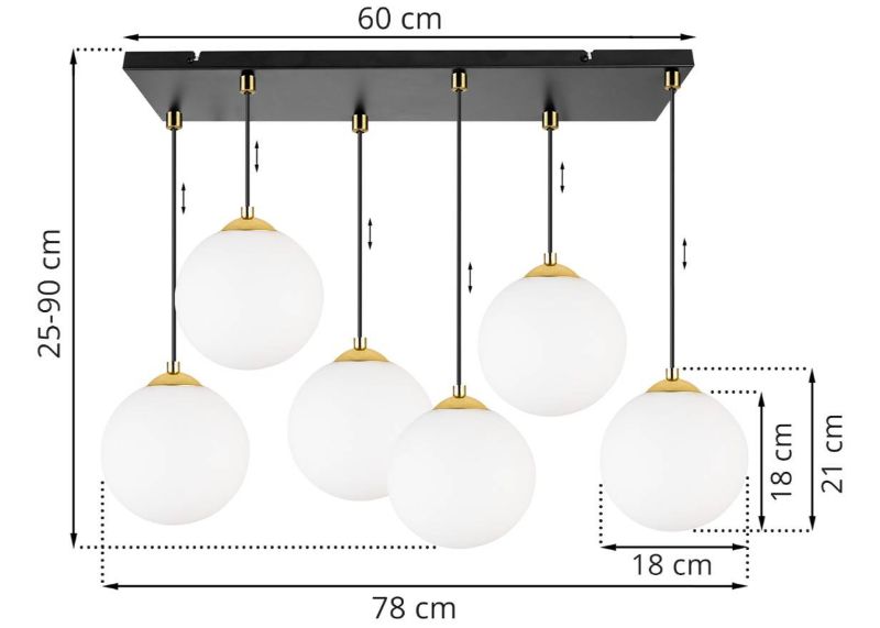 Wymiary lampy z 6 białymi kulami, czarnym kablem, prostokątną podsufitką i złotym wykończeniem