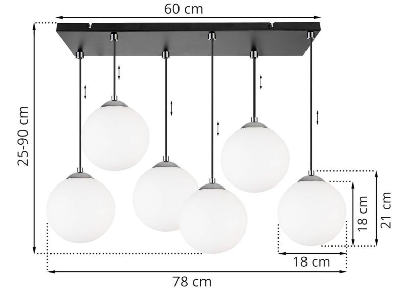 Wymiary lampy z sześcioma białymi kulami, czarnym kablem, prostokątną podsufitką i chromowanym wykończeniem