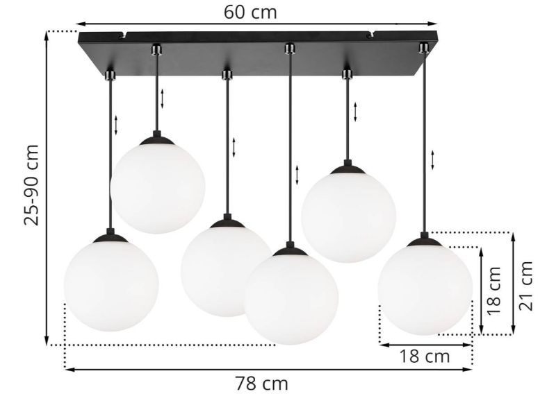 Wymiary lampy z 6 białymi kulami, czarnym kablem, prostokątną podsufitką i chromowanym wykończeniem kabla