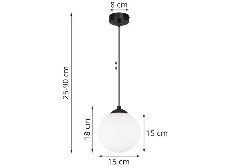 Wymiary lampy ze szklaną z białą kulą z regulacją długości, czarnym kablem i okrągłą podsufitką