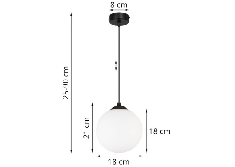 Wymiary lampy ze szklaną białą kulą z regulacją długości, czarnym kablem i okrągłą podsufitką