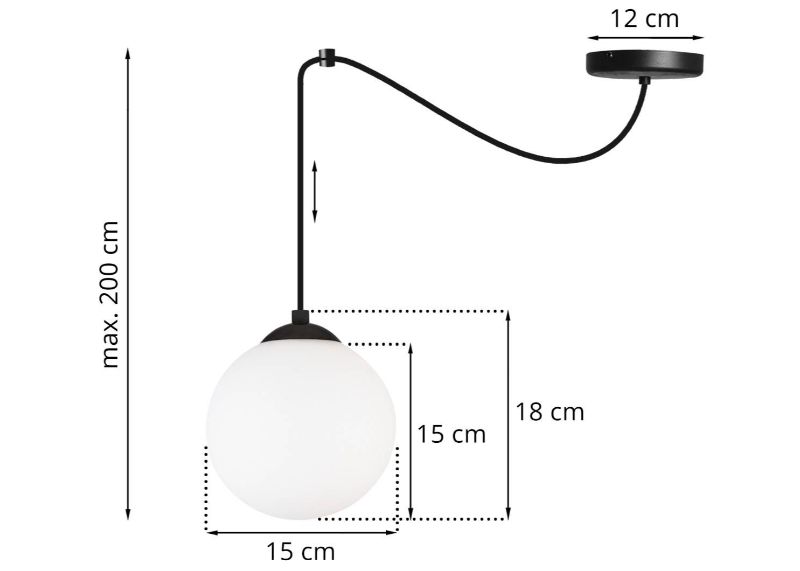 Wymiary lampy ze szklaną białą kulą, czarną konstrukcją i okrągłą podsufitką