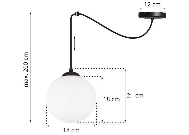 Wymiary lampy ze szklaną białą kulą, z czarną konstrukcją i okrągłą podsufitk