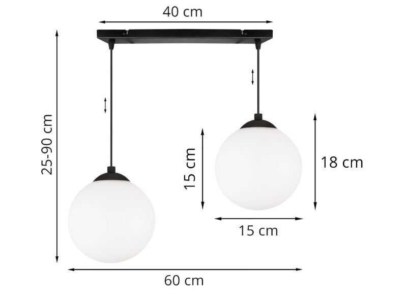 Wymiary lampy z dwiema białymi kulami, czarnym wykończeniem i prostokątną podsufitką