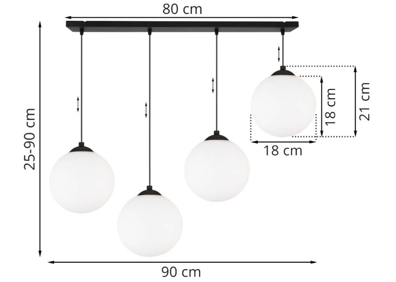 Wymiary lampy z czterema kloszami z mlecznego szkła i czarną, prostokątną podsufitką